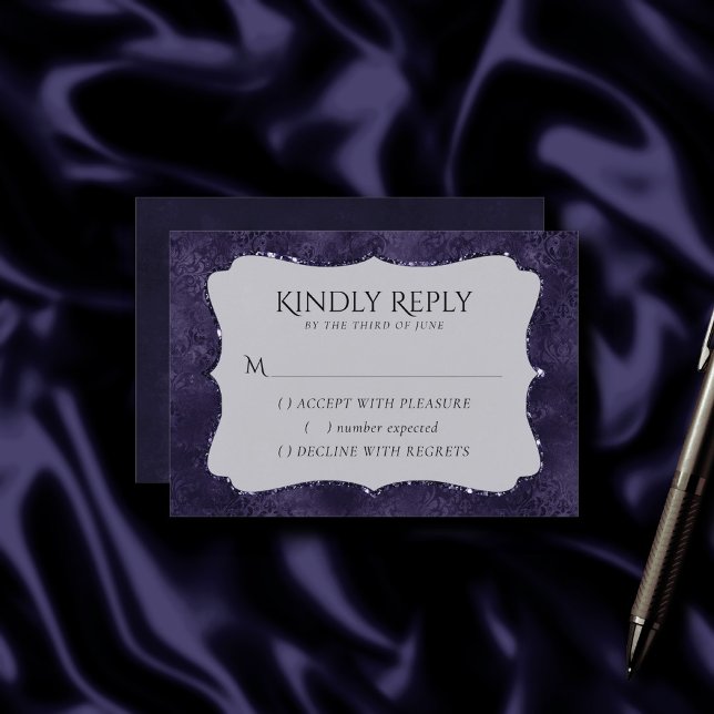 Midnight Indigo Romance | Satiny Grunge Damask RSVP Card (Creator Uploaded)