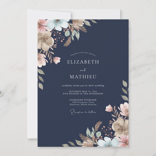 Midnight Ivory Cream Leafy Wedding Invitation (Front)