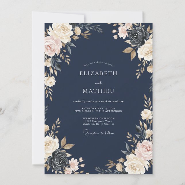 Midnight Ivory Ranunculus Eucalyptus Wedding Invitation (Front)