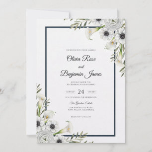 Midnight Ivory White Anemone Wedding Invitation