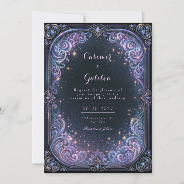 Midnight Lavender Celestial Wedding Invitation (Front)