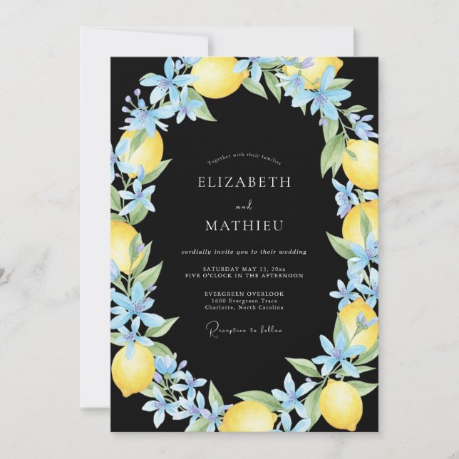 Midnight Lemon Azure Eucalyptus Wedding Invitation (Front)