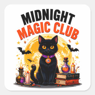 Midnight Magic Club Black Cat Halloween Magic Square Sticker