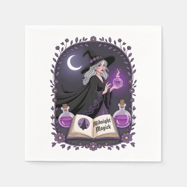 Midnight Magick Illustration of a Young Witch Napkin (Front)