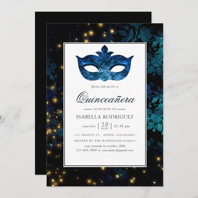 Midnight Masquerade Damask Quinceañera Invitation (Front/Back)