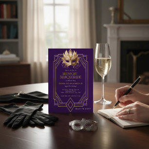 Midnight Masquerade Gold Feather Mask Purple Invitation