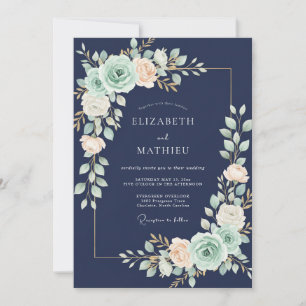 Midnight Mint Ranunculus Eucalyptus Wedding Invitation