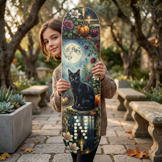 Midnight Moon Black Cat Botanicals Monogram Mystic Skateboard