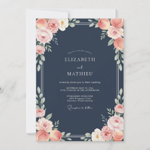 Midnight Muted Coral Petal Wedding Invitation