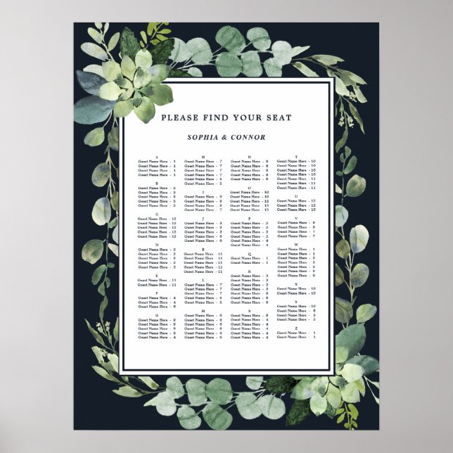 Midnight Navy ALPHABETICAL Order Wedding Seating Poster (Front)