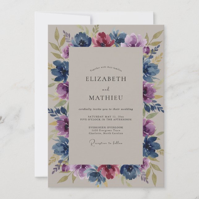 Midnight Navy Amethyst Wildflower Wedding Invitation (Front)