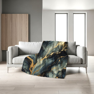 Midnight Navy and Gold Marble Artistic Pattern Fleece Blanket