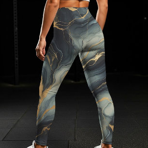 Midnight Navy and Gold Marble Artistic Pattern Leggings