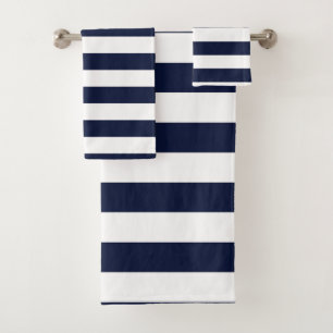 Midnight Navy Blue and White Stripes Bath Towel Set