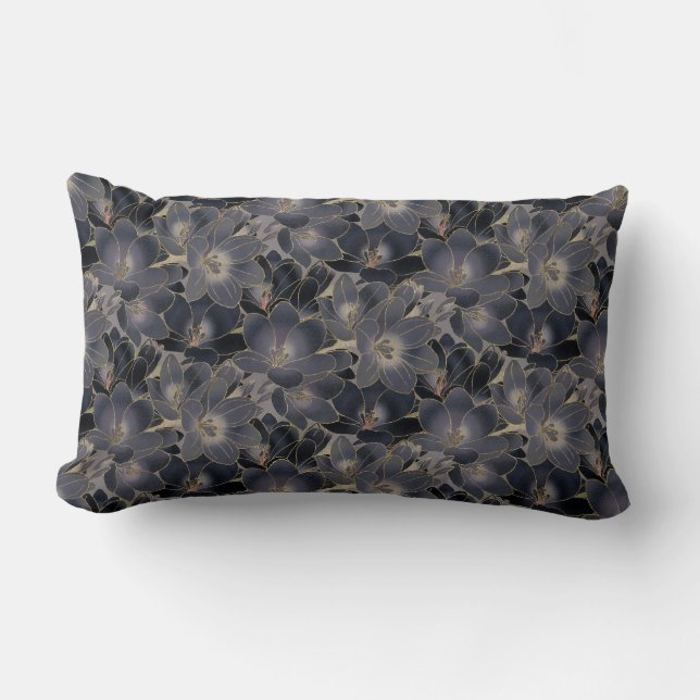 Midnight Navy Blue & Grey Floral Decorative Lumbar Cushion (Front)