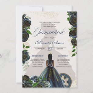 Midnight Navy Blue Roses Fancy Charro Quinceanera  Invitation