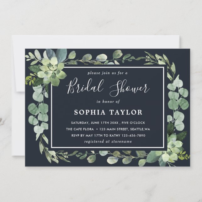 Midnight Navy Blue Succulent Bridal Shower Invitation (Front)