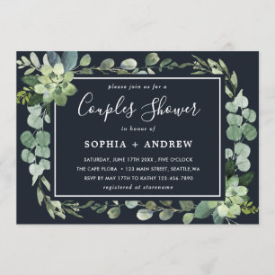 Midnight Navy Blue Succulent Couples Shower Invitation