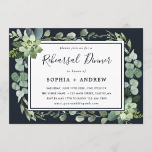 Midnight Navy Blue Succulent Rehearsal Dinner Invitation