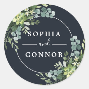 Midnight Navy Blue Succulent Wedding Classic Round Sticker