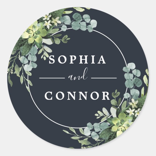 Midnight Navy Blue Succulent Wedding Classic Round Sticker (Front)