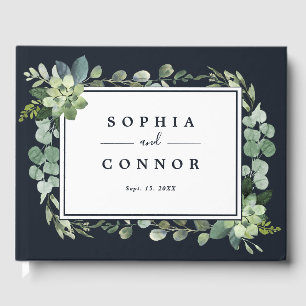 Midnight Navy Blue Succulent Wedding Guest Book