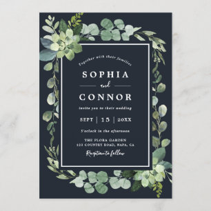Midnight Navy Blue Succulent Wedding Invitation
