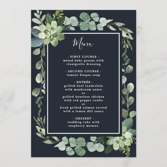 Midnight Navy Blue Succulent Wedding Menu (Front)