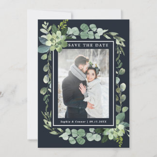 Midnight Navy Blue Succulent Wedding Photo Save The Date