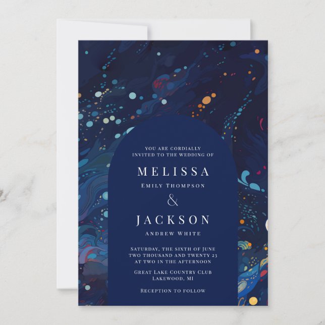 Midnight Navy Blue Swirls Wedding Arch Invitation (Front)