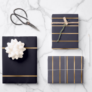 Midnight Navy Charcoal Gold Stripe Pattern Wrapping Paper Sheet