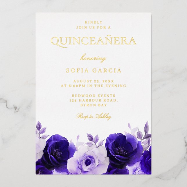 Midnight Navy Elegant Gold Foil Quinceanera Party (Front)