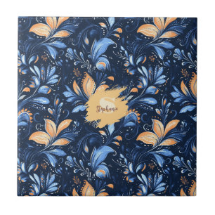 Midnight Navy Floral - Peach Blooms & Blue Vines Tile