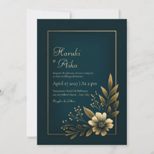 Midnight Navy Gold Botanical Wedding Invitation