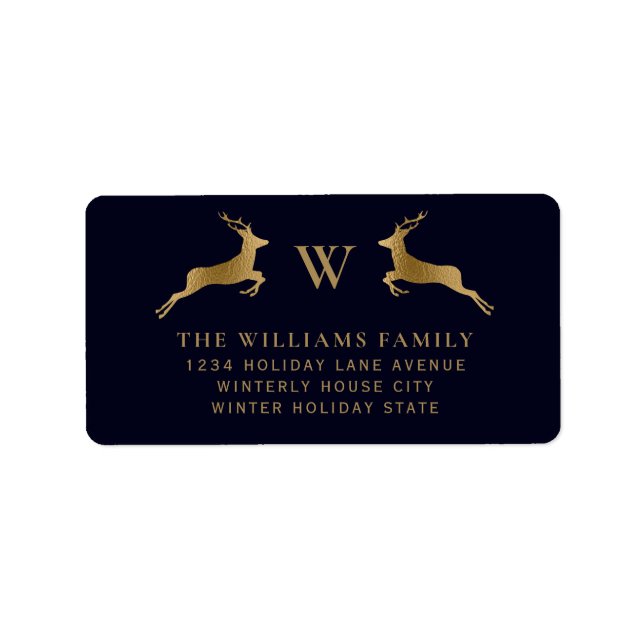 Midnight Navy Gold Deer Family Monogram Address Label (Front)