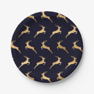 Midnight Navy Gold Deer Pattern Paper Plate