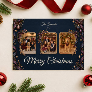 Midnight Navy & Plum Christmas Family Photo Collag Holiday Card