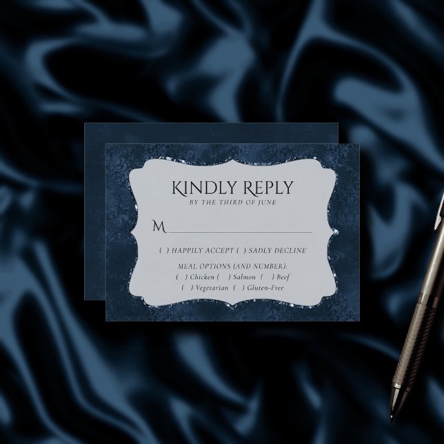 Midnight Navy Romance | Blue Satiny Damask Entree RSVP Card (Creator Uploaded)
