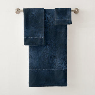 Midnight Navy Romance Blue Satiny Grunge Damask Bath Towel Set