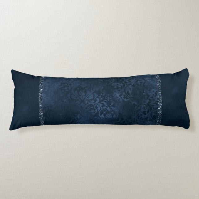 Midnight Navy Romance | Blue Satiny Grunge Damask Body Cushion (Front)