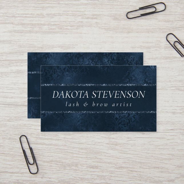 Midnight Navy Romance | Blue Satiny Grunge Damask Business Card (Front/Back In Situ)