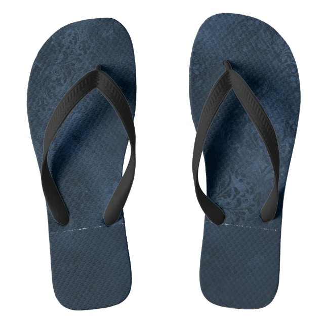 Midnight Navy Romance | Blue Satiny Grunge Damask Flip Flops (Footbed)