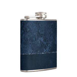 Midnight Navy Romance   Blue Satiny Grunge Damask Hip Flask