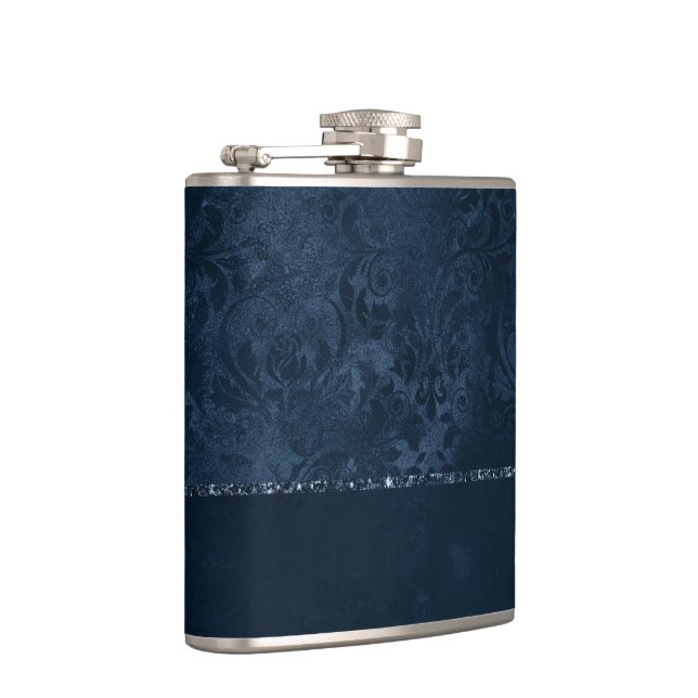 Midnight Navy Romance | Blue Satiny Grunge Damask Hip Flask (Right)