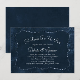 Midnight Navy Romance   Blue Satiny Grunge Damask Invitation