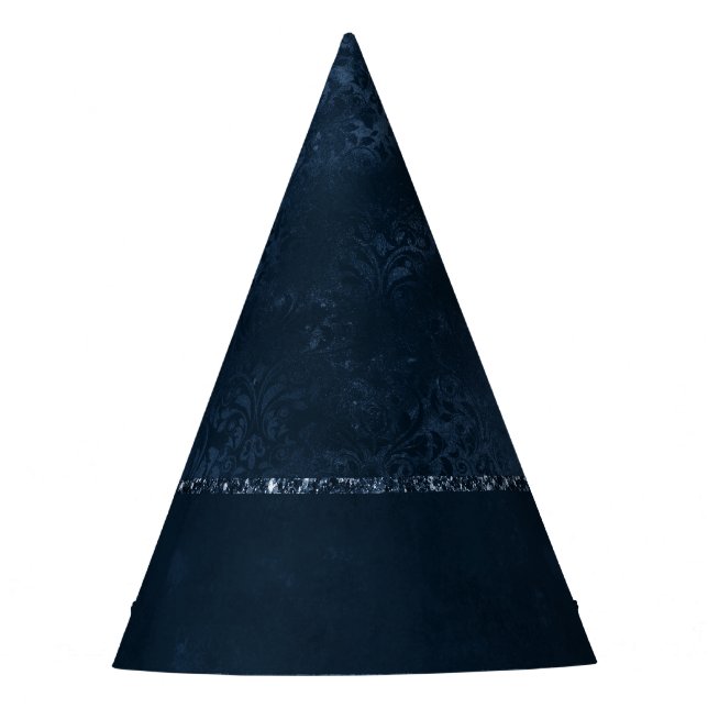 Midnight Navy Romance | Blue Satiny Grunge Damask Party Hat (Front)