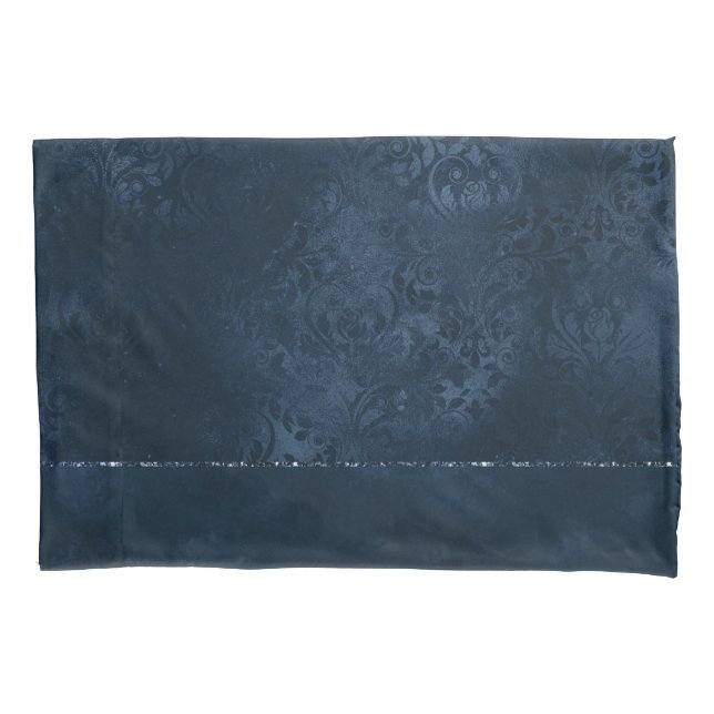 Midnight Navy Romance | Blue Satiny Grunge Damask Pillowcase (Front)