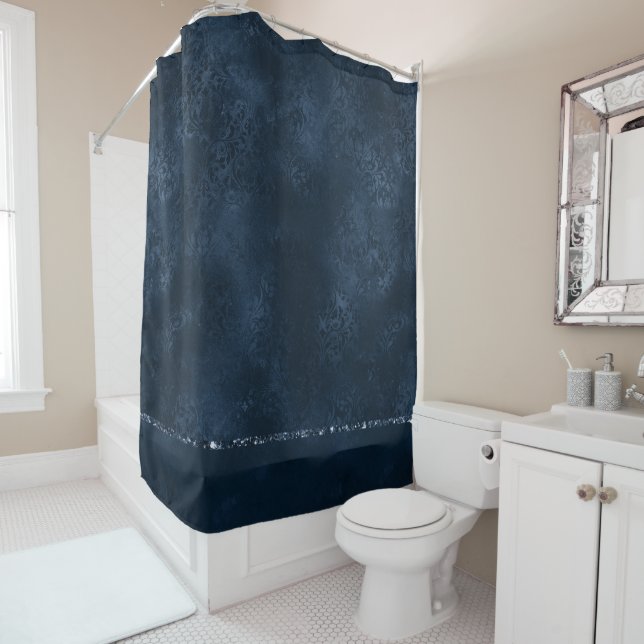 Midnight Navy Romance | Blue Satiny Grunge Damask Shower Curtain (In Situ)