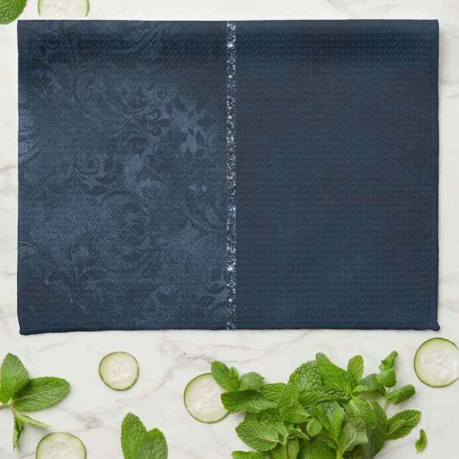 Midnight Navy Romance | Blue Satiny Grunge Damask Tea Towel (Folded)