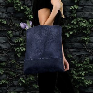 Midnight Navy Romance   Blue Satiny Grunge Damask Tote Bag